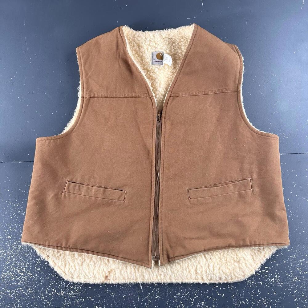 VTG Carhartt Vest Men 2XL Tan Duck Canvas 65 V Shotgun Hunt 90s Sherpa Gorpcore